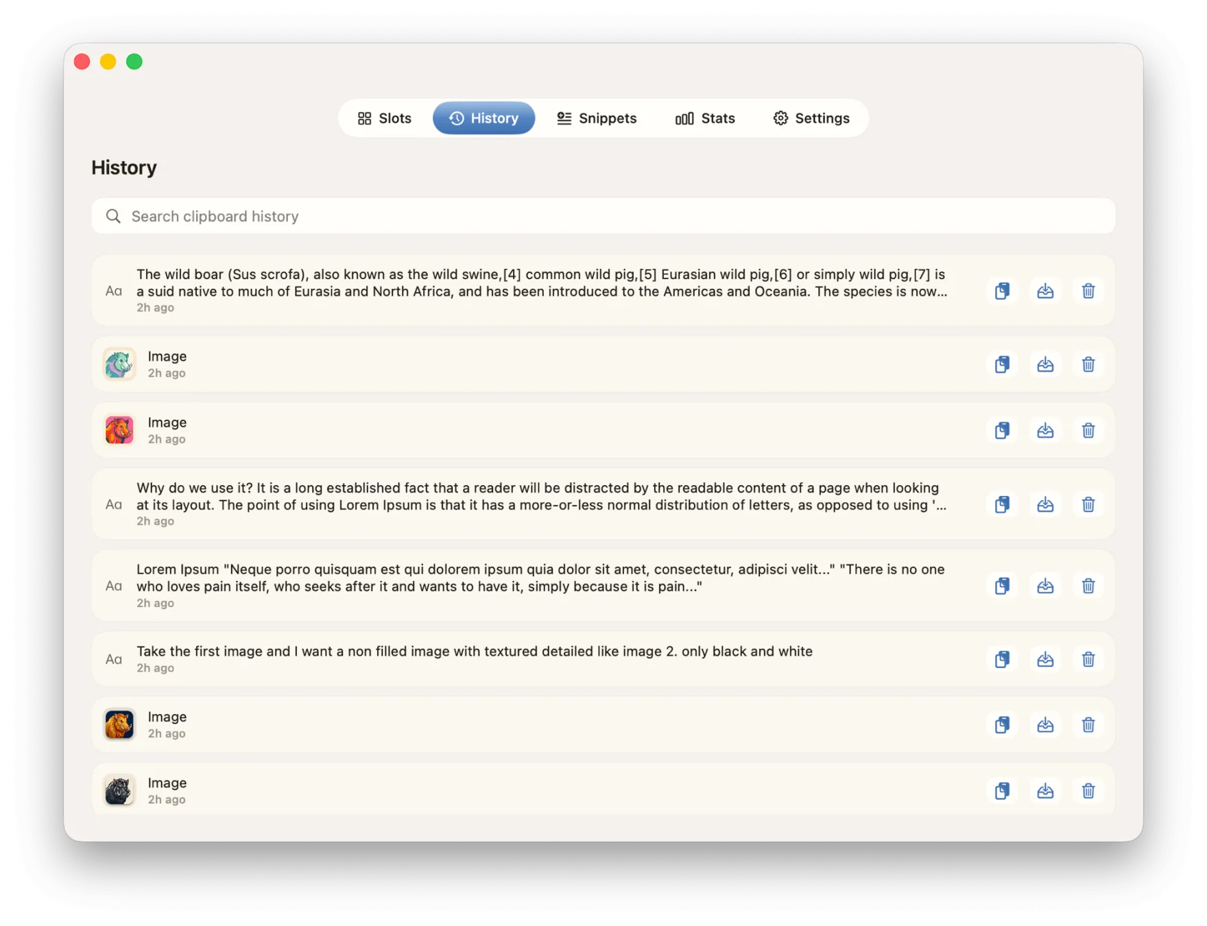 History tab — a searchable, scrollable list of recent clipboard copies.