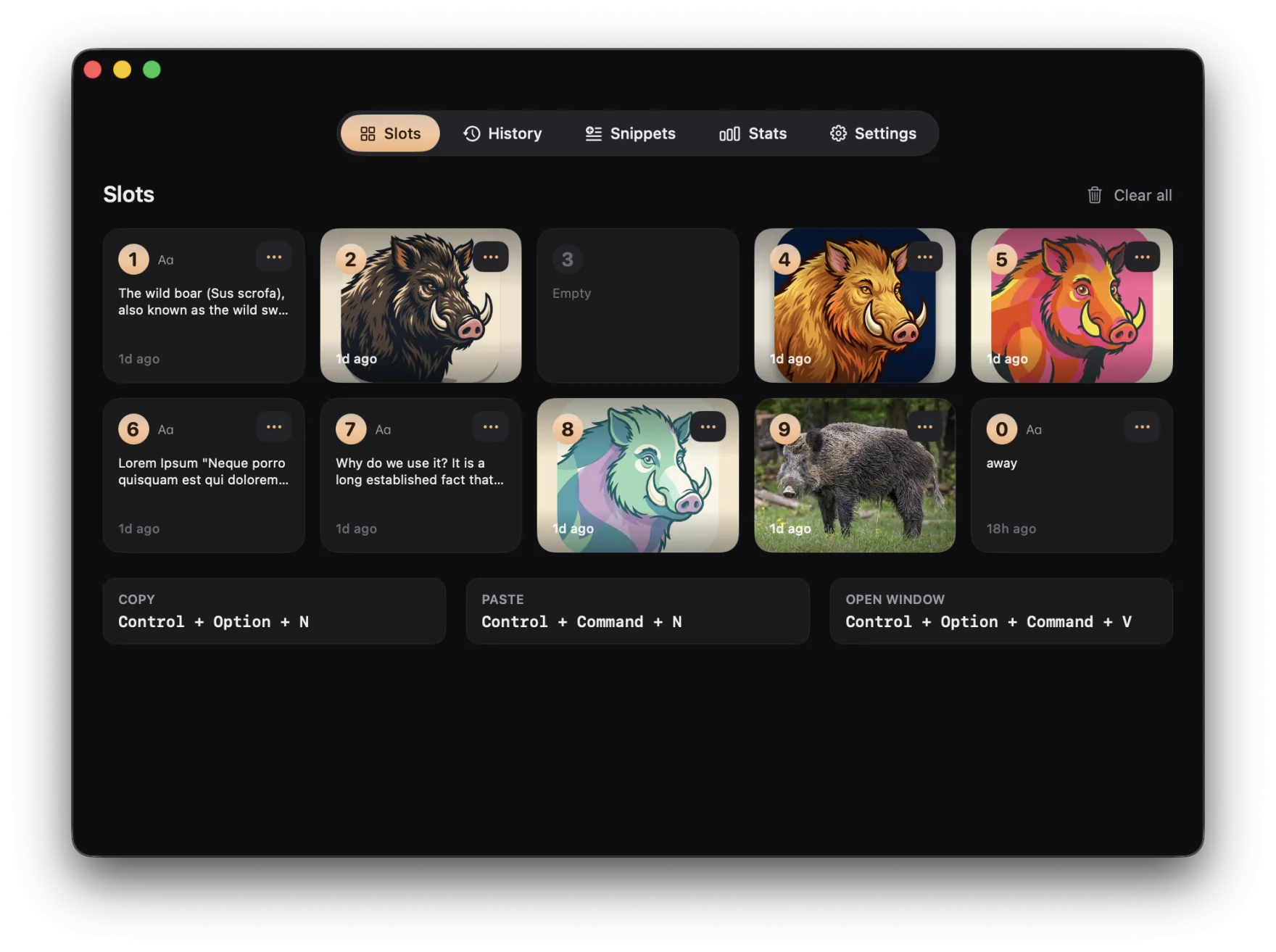 Slots tab in the Charcoal dark theme — ten clipboard slots holding text and images.