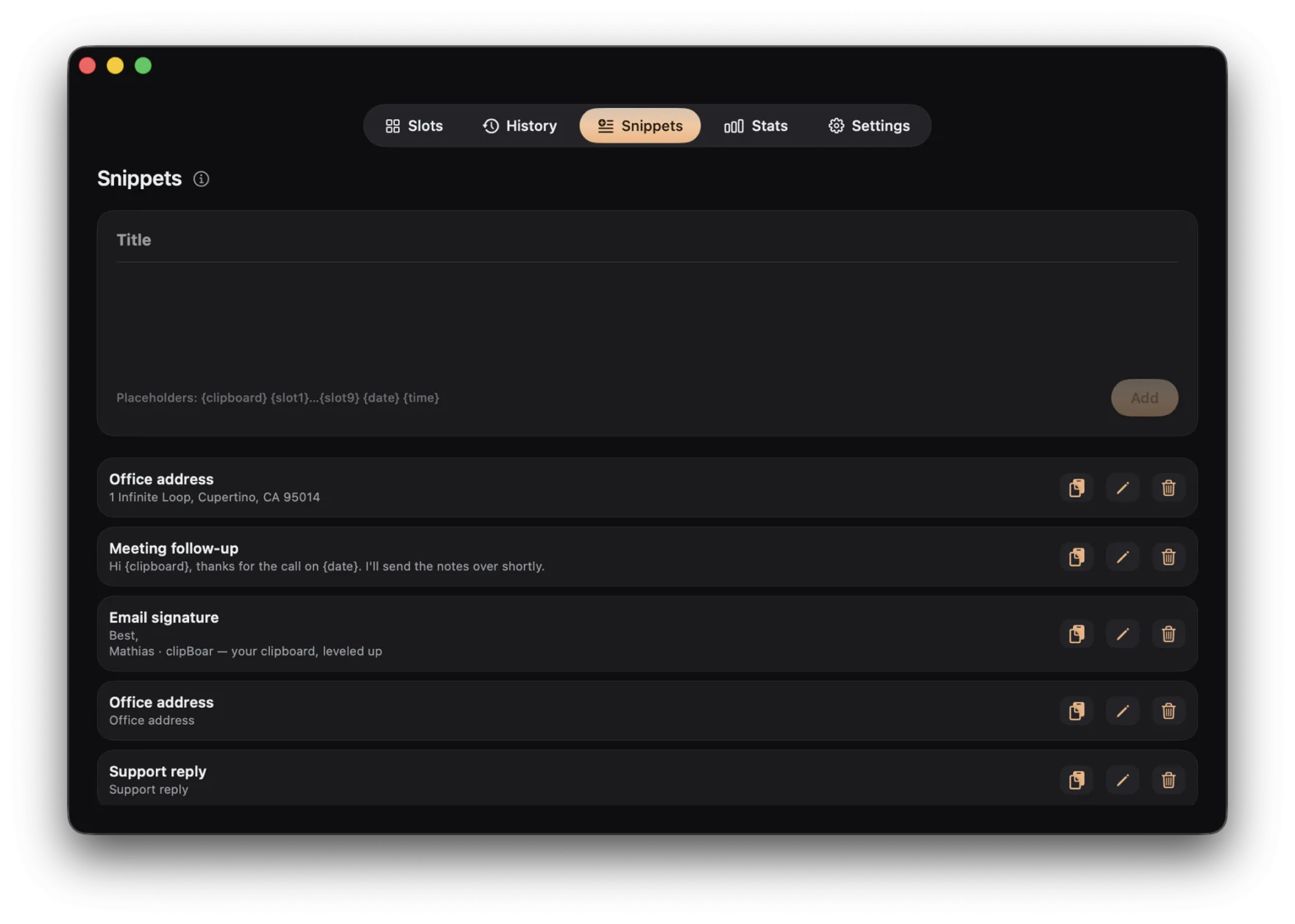 clipBoar's Snippets tab — saved templates like a meeting follow-up using {clipboard} and {date} placeholders.
