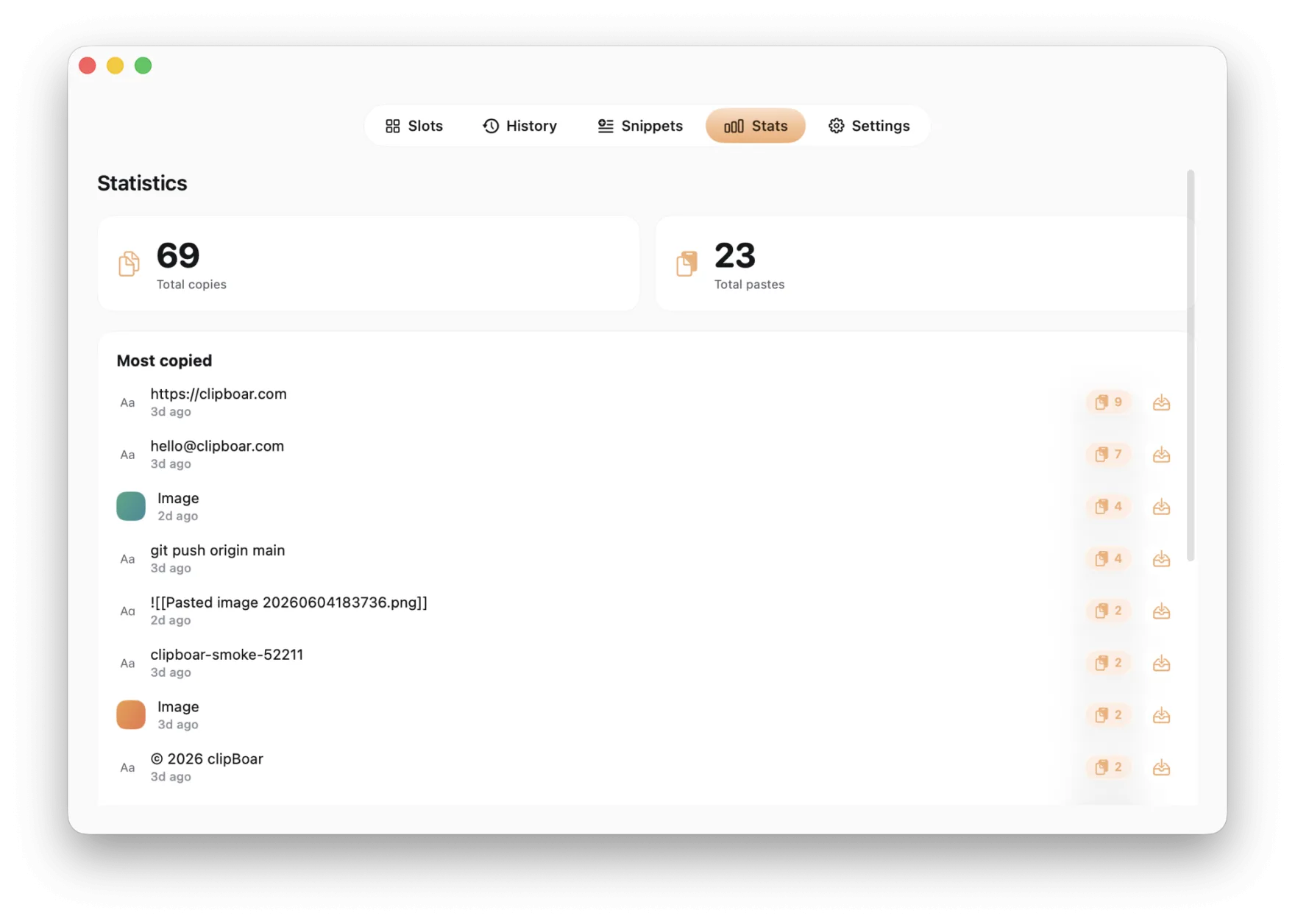 Stats tab in the Charcoal light theme — copy and paste totals with the most-copied list.